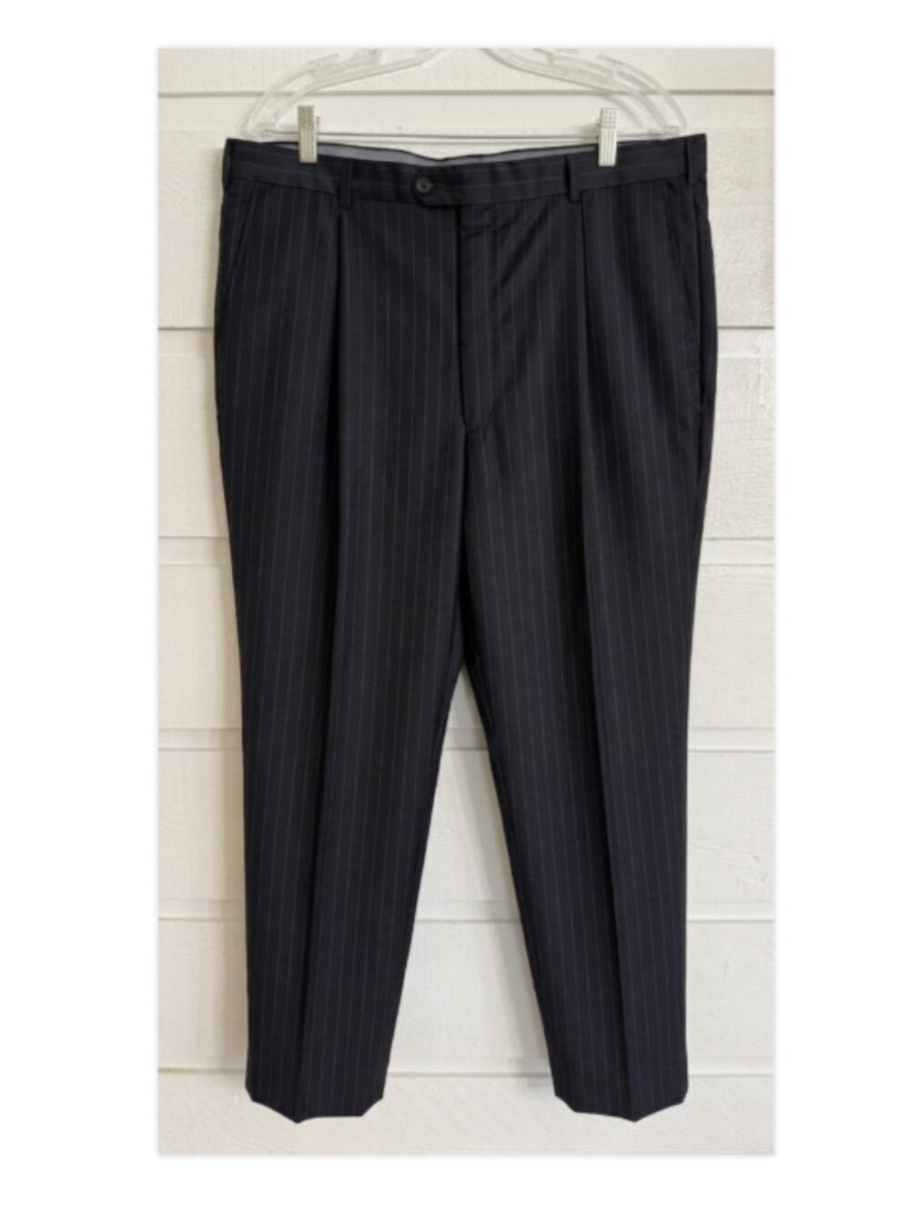 HICKEY FREEMAN Men's Double Pleat Pants Sz 38 x 29" OPEN HEM Blue Pinstripe NWOT